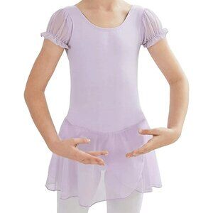Girls Puffy Sleeve Skirted Leotard, Purple, L